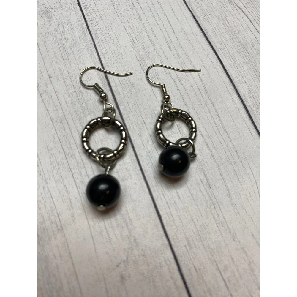 Silver Tone Hoop Dangle Earrings with Black Bead Drop 1.5 Inch - Picture 2 of 3